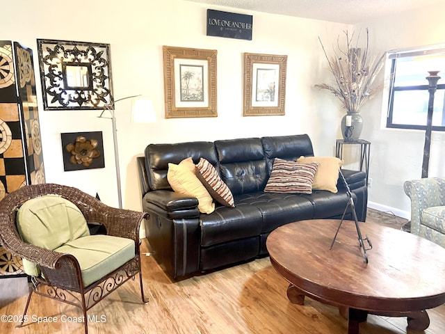 living room featuring light wood-type flooring and baseboards