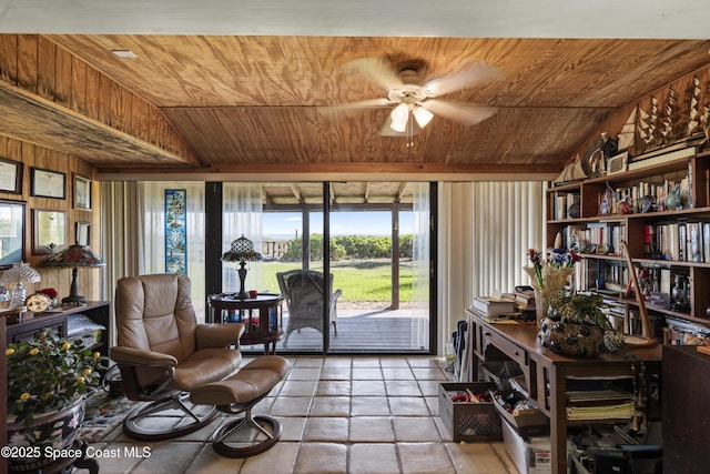 living area featuring wood ceiling, vaulted ceiling, and wood walls