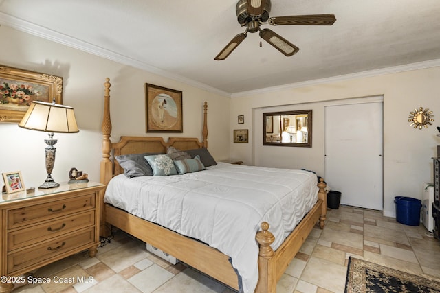 bedroom featuring stone finish flooring, a closet, a ceiling fan, and crown molding