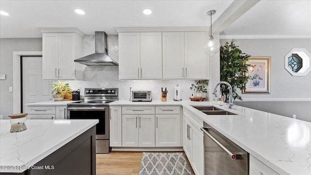 3794 Rambling Acres Dr, Titusville, FL 32796 - kitchen featuring backsplash, appliances with stainless steel finishes, white cabinets, a sink, and wall chimney range hood