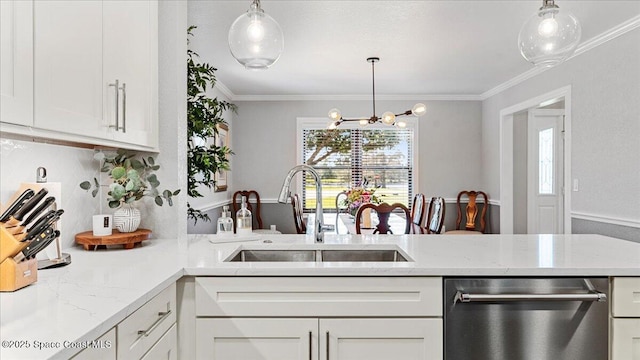 3794 Rambling Acres Dr, Titusville, FL 32796 - kitchen with crown molding, white cabinetry, a sink, and stainless steel dishwasher