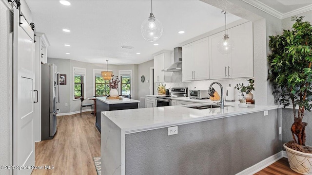 3794 Rambling Acres Dr, Titusville, FL 32796 - kitchen with light wood finished floors, a barn door, appliances with stainless steel finishes, wall chimney range hood, and a sink