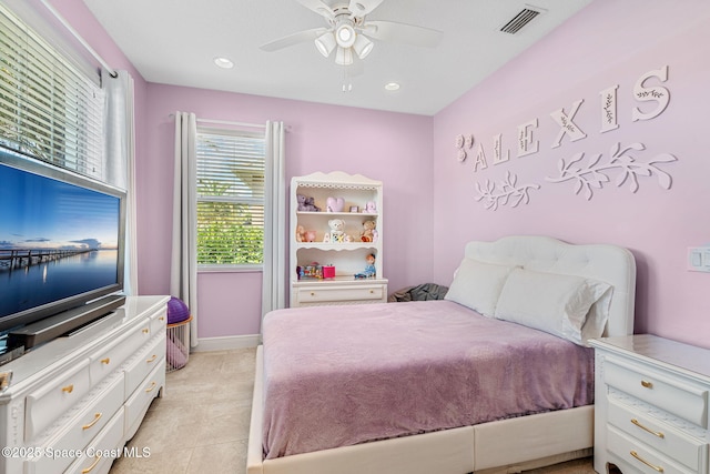 bedroom featuring a ceiling fan, recessed lighting, visible vents, and light tile patterned flooring