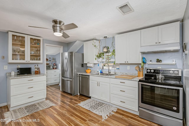 kitchen featuring visible vents, white cabinets, appliances with stainless steel finishes, under cabinet range hood, and a sink