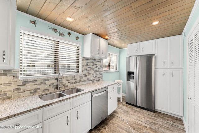 kitchen featuring wooden ceiling, a sink, white cabinets, appliances with stainless steel finishes, and backsplash