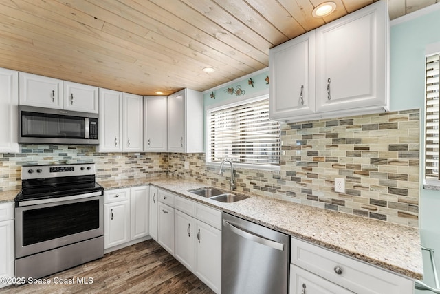 kitchen with white cabinets, decorative backsplash, wooden ceiling, stainless steel appliances, and a sink