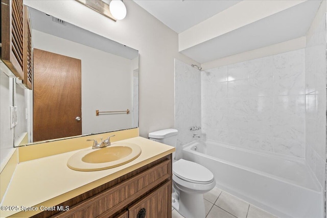 bathroom featuring visible vents, toilet, vanity, tile patterned flooring, and shower / bathtub combination