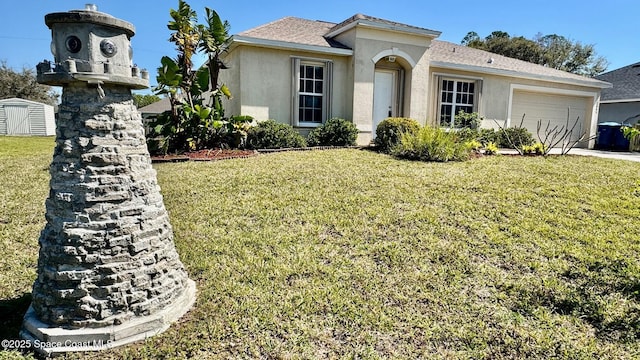 view of front of house featuring an attached garage, a shingled roof, concrete driveway, stucco siding, and a front yard