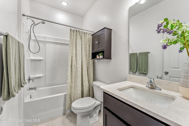 full bath featuring shower / bathtub combination with curtain, vanity, and toilet