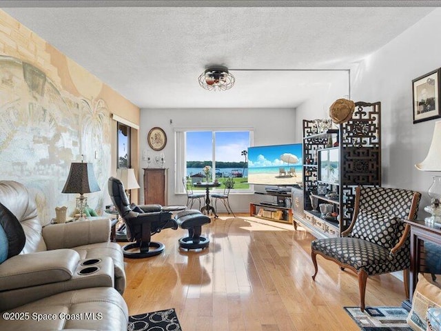 living area with a textured ceiling and wood finished floors