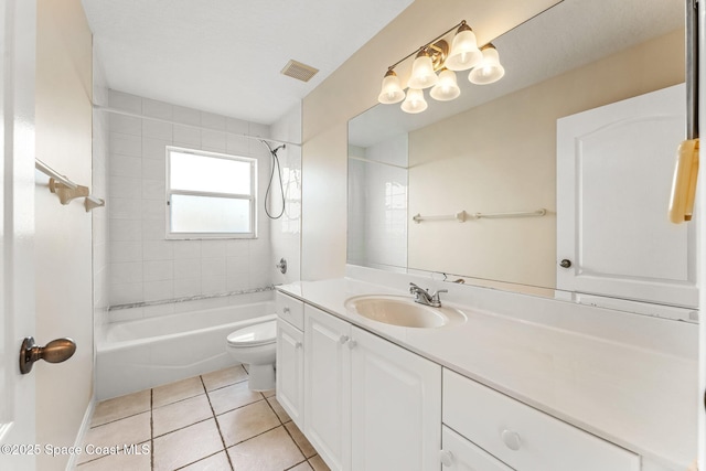 bathroom featuring visible vents, shower / bathing tub combination, toilet, vanity, and tile patterned flooring