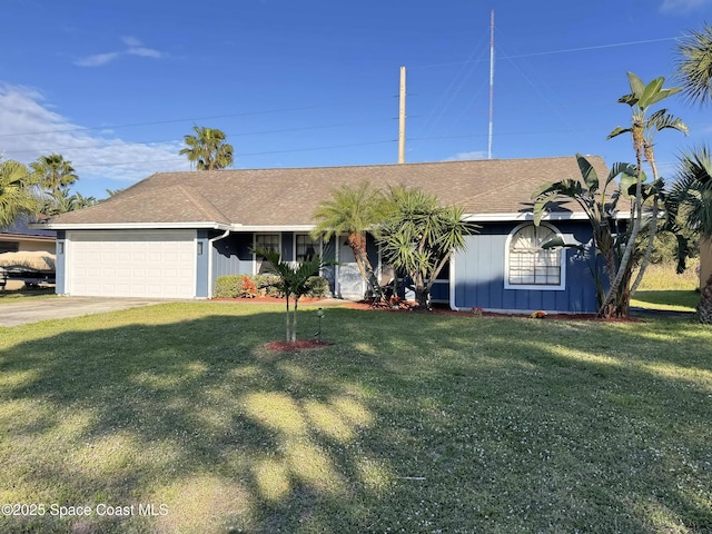 single story home featuring driveway, a front lawn, roof with shingles, and an attached garage