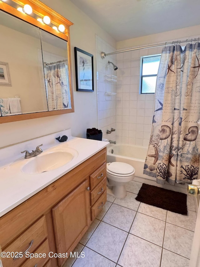 bathroom with shower / tub combo, tile patterned flooring, vanity, and toilet