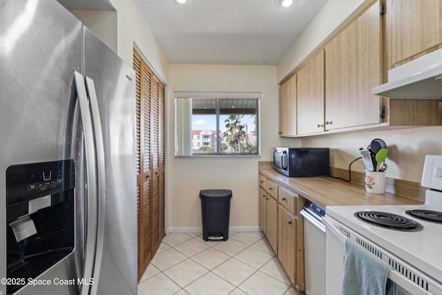 kitchen with light tile patterned flooring, under cabinet range hood, electric stove, light countertops, and stainless steel fridge with ice dispenser