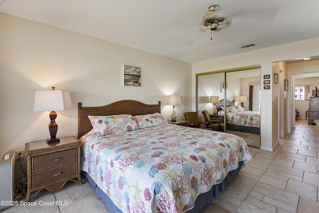 bedroom featuring a ceiling fan, visible vents, and a closet