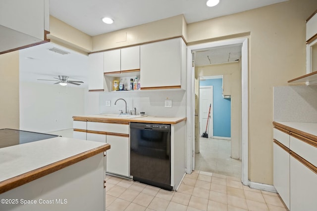 kitchen featuring a sink, white cabinetry, light countertops, dishwasher, and open shelves