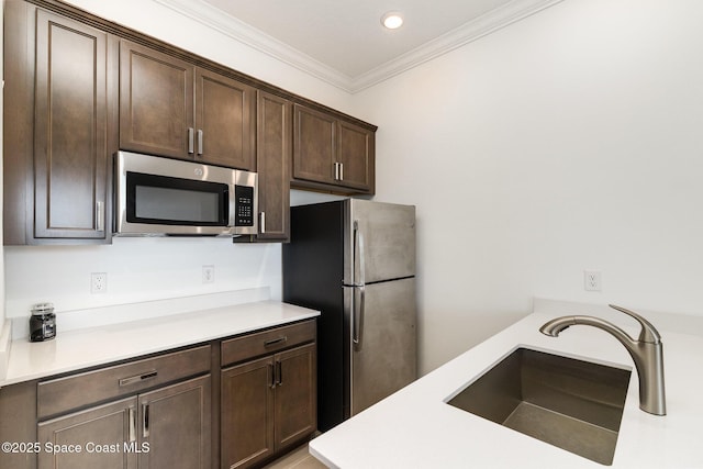 kitchen featuring dark brown cabinetry, light countertops, ornamental molding, stainless steel appliances, and a sink