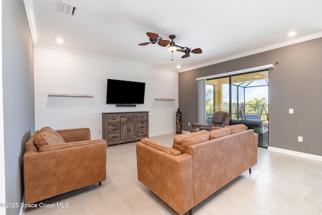 living area with crown molding, baseboards, recessed lighting, light tile patterned flooring, and a ceiling fan