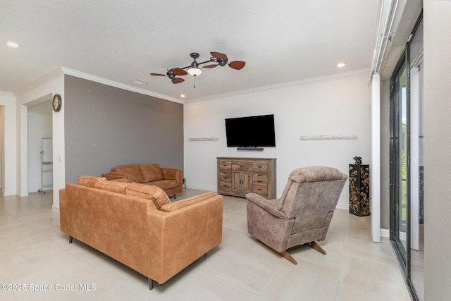 living room with crown molding, recessed lighting, a ceiling fan, and visible vents