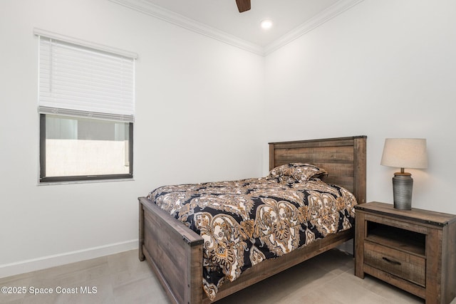 bedroom with recessed lighting, ceiling fan, crown molding, and baseboards