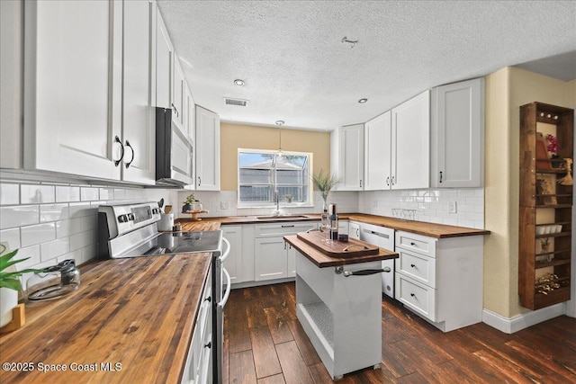 kitchen featuring dark wood-style floors, a sink, stainless steel appliances, wood counters, and white cabinetry