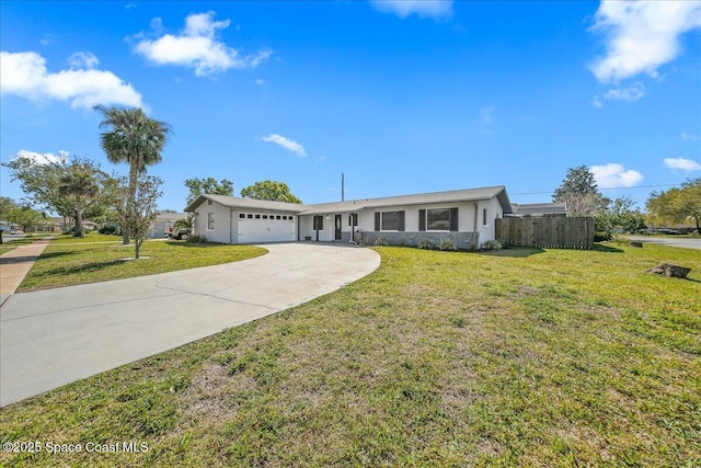 ranch-style home with driveway, an attached garage, a front yard, and fence