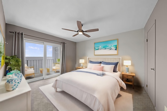 bedroom featuring access to outside, light colored carpet, and ceiling fan