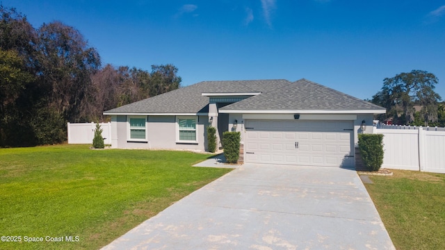 ranch-style house featuring fence, driveway, a front lawn, and stucco siding