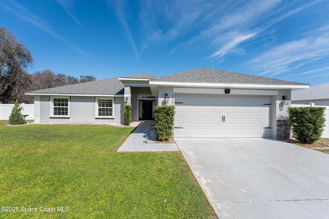 view of front facade featuring a garage, concrete driveway, a front lawn, and stucco siding