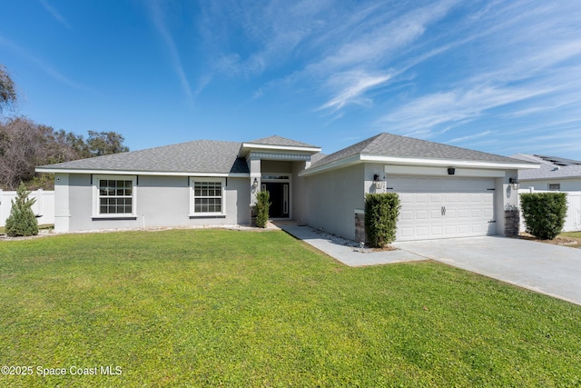 view of front of home with concrete driveway, an attached garage, fence, a front lawn, and stucco siding