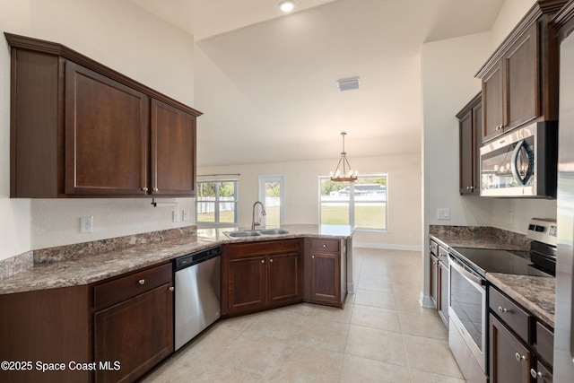 kitchen with stainless steel appliances, a peninsula, a sink, visible vents, and dark brown cabinets