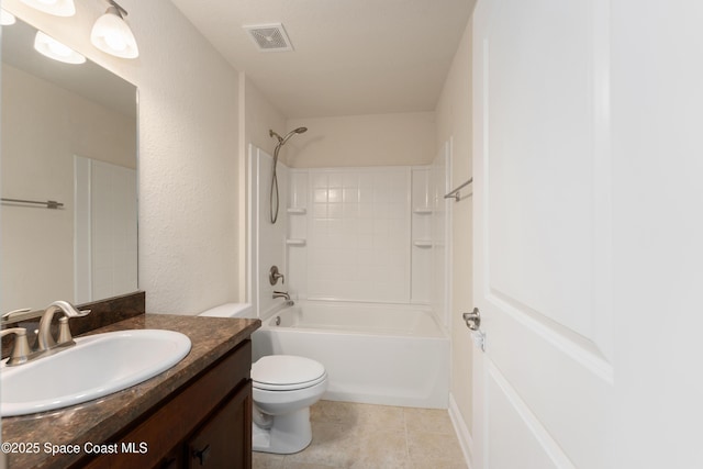 bathroom with visible vents, toilet, shower / tub combination, tile patterned floors, and vanity