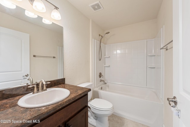 bathroom with bathtub / shower combination, toilet, tile patterned flooring, vanity, and visible vents