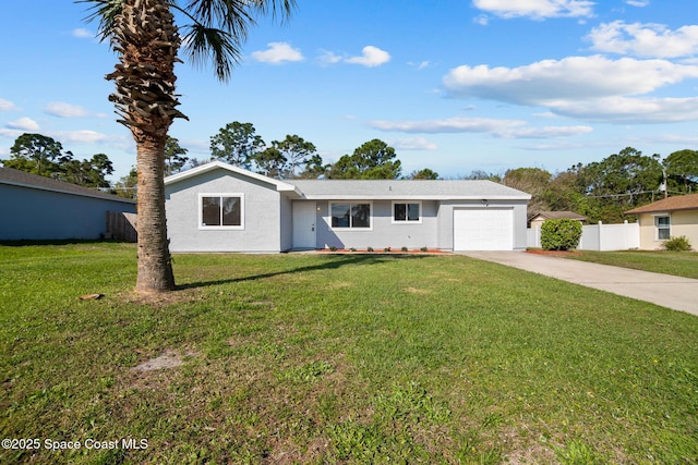 single story home featuring concrete driveway, an attached garage, fence, a front lawn, and stucco siding