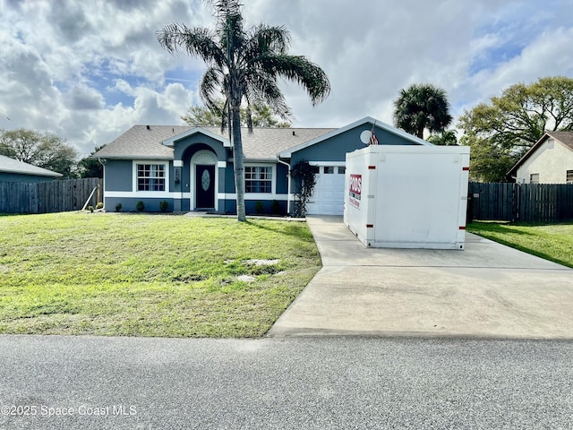 single story home with stucco siding, an attached garage, a front yard, fence, and driveway