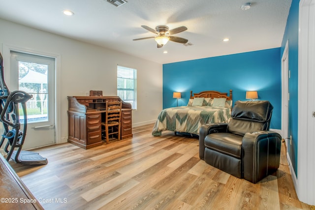 bedroom with light wood-style flooring, baseboards, ceiling fan, and recessed lighting