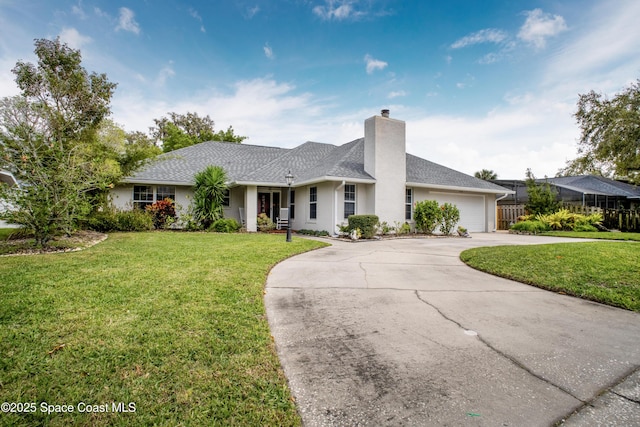 ranch-style house featuring a garage, a shingled roof, driveway, a front lawn, and a chimney