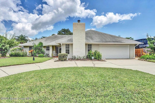 ranch-style home featuring a chimney, stucco siding, concrete driveway, an attached garage, and a front lawn