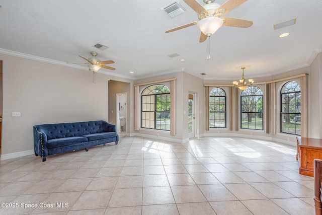 living area with light tile patterned floors, plenty of natural light, visible vents, and crown molding