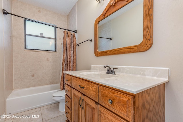 bathroom with tile patterned flooring, shower / bathtub combination with curtain, toilet, and vanity