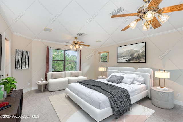 bedroom with visible vents, baseboards, a ceiling fan, and ornamental molding