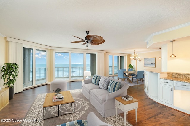 living area featuring ornamental molding, a textured ceiling, a water view, and dark wood-style flooring