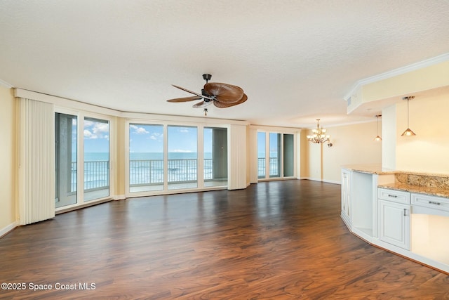 unfurnished living room featuring dark wood-style floors, ceiling fan with notable chandelier, a textured ceiling, and crown molding