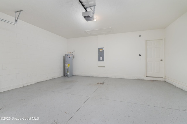 garage with electric panel, electric water heater, a garage door opener, and concrete block wall