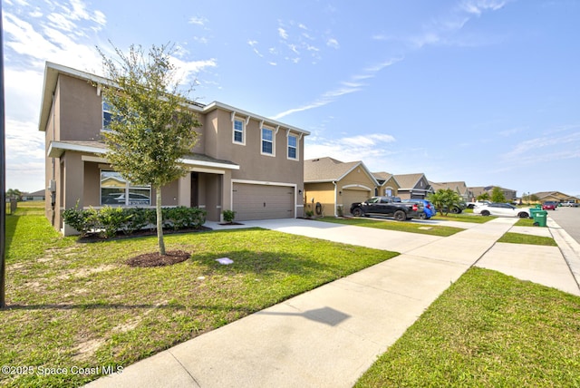 view of front of home featuring an attached garage, driveway, a residential view, stucco siding, and a front lawn