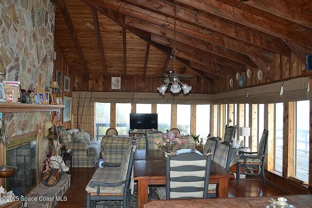 interior space with wooden ceiling, ceiling fan, wood finished floors, and a high end fireplace