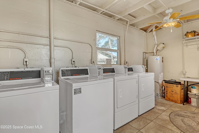 washroom featuring concrete block wall, ceiling fan, gas water heater, and washing machine and clothes dryer