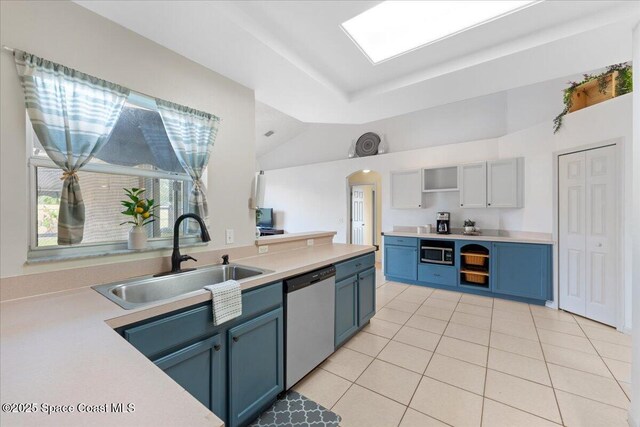 kitchen featuring appliances with stainless steel finishes, light countertops, blue cabinetry, open shelves, and a sink