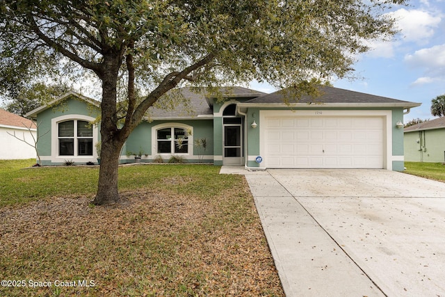 ranch-style house featuring a garage, concrete driveway, a front lawn, and stucco siding