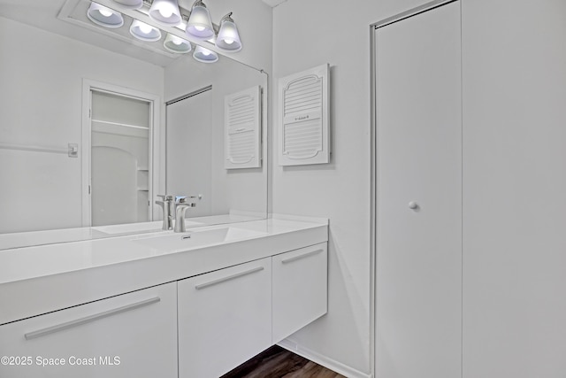 bathroom featuring wood finished floors and vanity